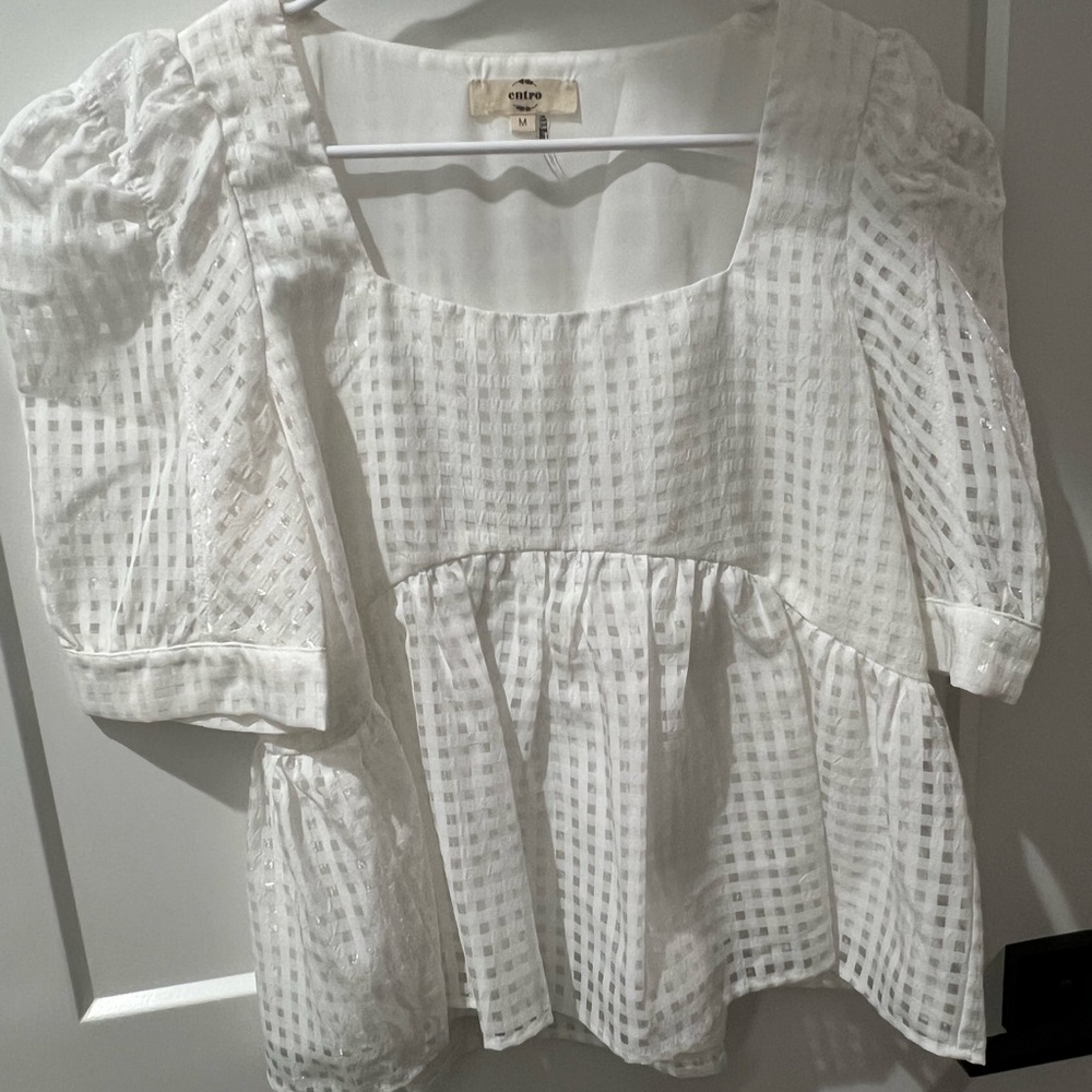 Entro White Puff Sleeve Peplum Blouse